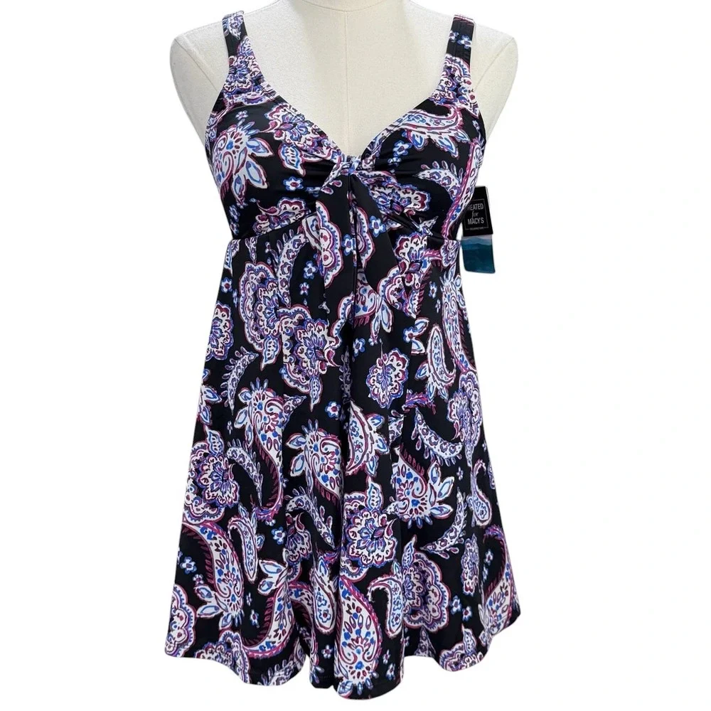 Swim Solutions Swim Dress Size 8 One Piece Paisley Tummy Control Bow Front NWT - Picture 3 of 10